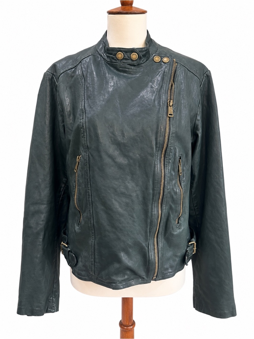 Lauren Ralph Lauren Womens Dark Green Lambskin Asymmetric Zip Jacket 14